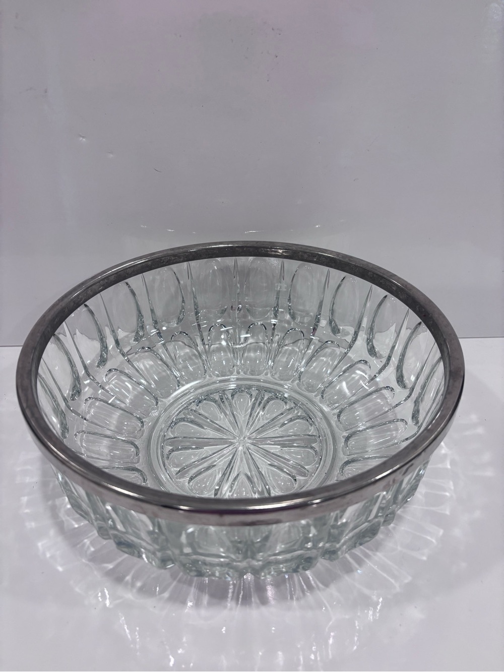 Vintage pressed glass serving bowl w silver rim-heavy clear glass approx 10”